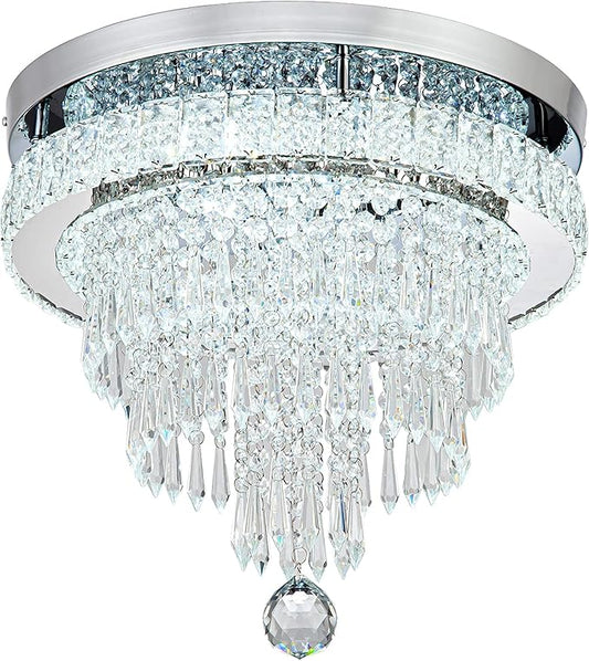 16“ Crystal Chandeliers Light Flush Mount Ceiling Light Fixtures Round Modern LED Chandelier for Living Room Bedroom Dining Room Closet Hallway (Cool White)-HomvellaHome