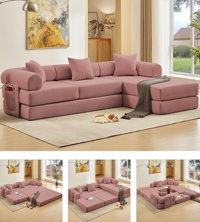107" Oversized Convertible Sleeper Sofa Bed, Corduroy L Shape Sectional Couch, Folding Sofa Bed with Side Pocket, Modern Cloud Floor Mattress Couch, Modular Sofa for Living Room, Pink-HomvellaHome