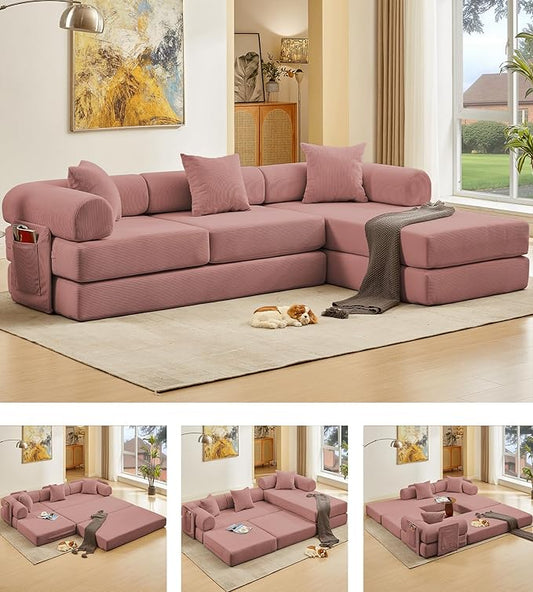107" Oversized Convertible Sleeper Sofa Bed, Corduroy L Shape Sectional Couch, Folding Sofa Bed with Side Pocket, Modern Cloud Floor Mattress Couch, Modular Sofa for Living Room, Pink-HomvellaHome