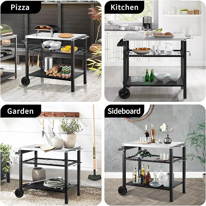 Grill Cart Table with Three Shelf, Movable Outdoor Dining Cart Pizza Oven Stand with Three Hooks, Kitchen Cart Island Multifunction Food Prep Table (Sliver)-HomvellaHome