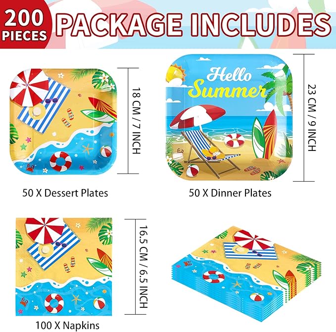 Grencian 200Pcs Beach Party Supplies Hello Summer Party Plates and Napkins Disposable Summer Pool Paper Tableware Set for Hawaiian Beach Pool Birthday Baby Showe Decorations, Serves 50-HomvellaHome