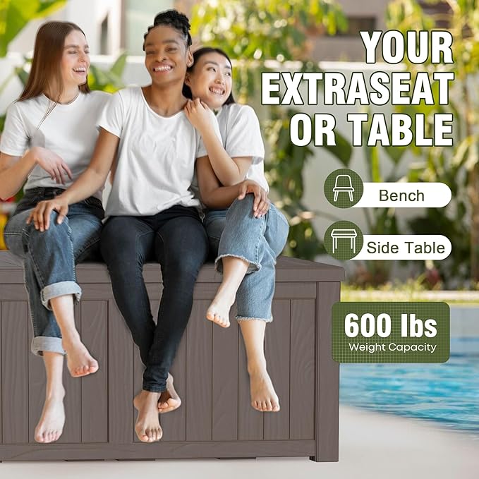 120 Gallon Patio Storage Box, Large Deck Box for Patio Furniture Covers, Cushion Pillows, Waterproof Outdoor Storage Bench for Towels, Garden Tools and Pool Accessories, Grey-HomvellaHome