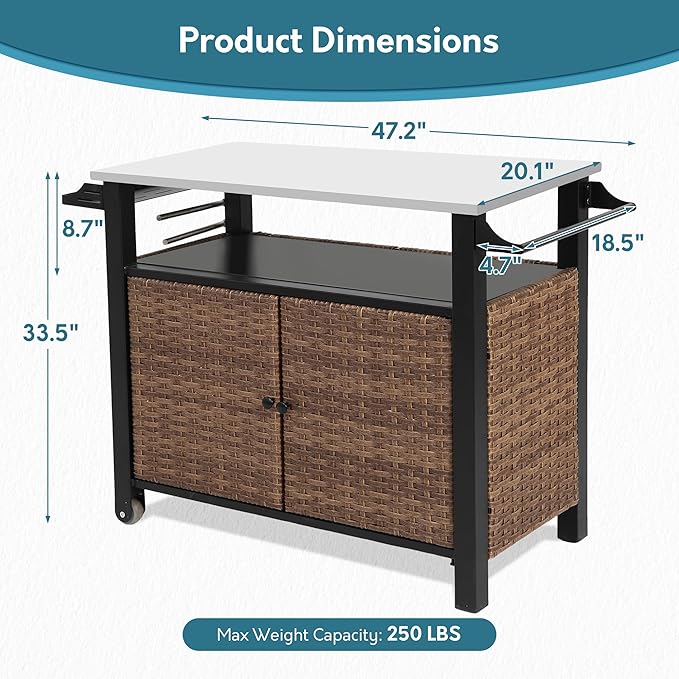 Grill Cart Outdoor with Wheels, Outdoor Prep Table with Wicker Storage and Rolling Wheels, Kitchen Island Serving Cart with Stainless Steel Table Top for BBQ, Porch, Patio, Brown-HomvellaHome