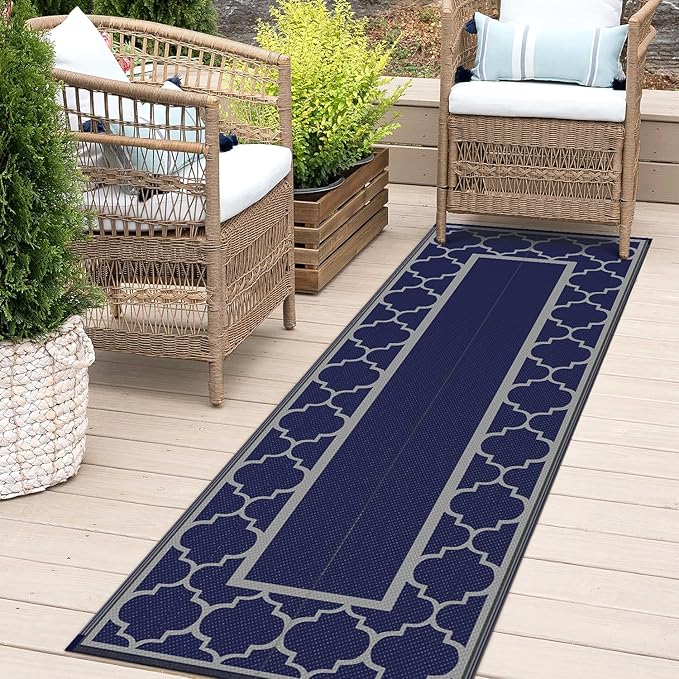 GENIMO 2.5 ' x 8 ' Outdoor Rug for Porch Patio Clearance, Waterproof Indoor Outdoor Plastic Straw Rugs Carpet, Reversible Outside Area Rv Mat for Camping, Balcony, Deck, Picnic, Beach (Blue & Gray)-HomvellaHome