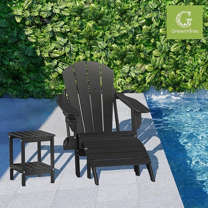 GREENVINES Adirondack-Ottoman | Set of 4 | HDPE Plastic | Outdoor Footrest | All Weather | Foot Rest | Foot Stool | Black | for Adirondack Chair | for Patio Backyard Pool-HomvellaHome