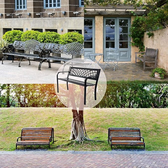 Garden Bench,Outdoor Benches,Iron Steel Frame Patio Bench with Mesh Pattern and Plastic Backrest Armrests for Lawn Yard Porch Work Entryway,Black-HomvellaHome