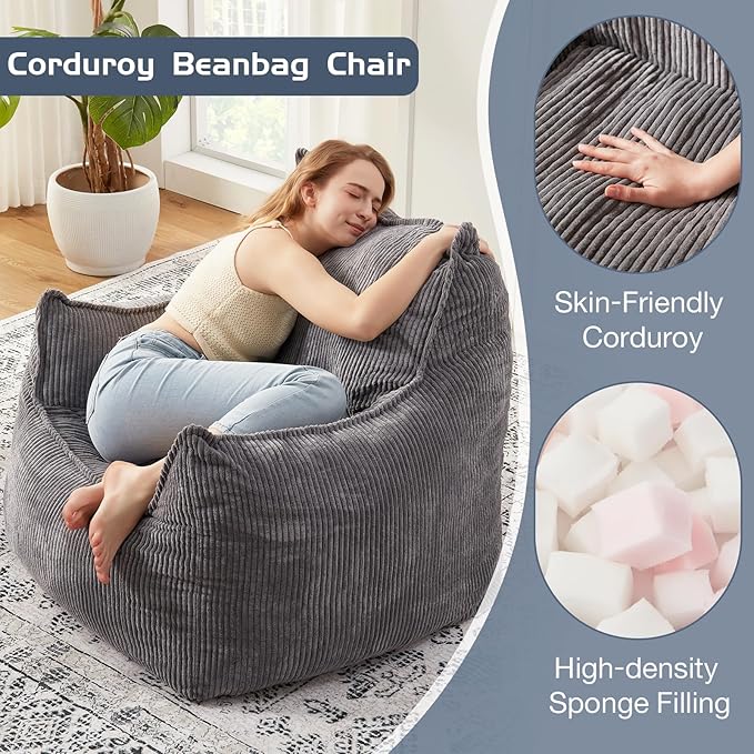 Giant Bean Bag Chair Sofa for Adults Teens, Comfy Corduroy Large Bean Bag Chairs with Armrests for Bedroom Living Room, Adult BeanBag Lazy Sofa Couch Chairs with Filler Included-HomvellaHome