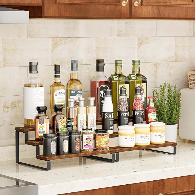 Giikin 3-Tier Spice Rack, 13.8 Inch Wood Countertop Spice Storage Holder, Kitchen Pantry Cabinet Organizer Cupboard for Spice Bottles, Jars, Seasonings, Baking Supplies, Metal Frame(Set of 2)-HomvellaHome