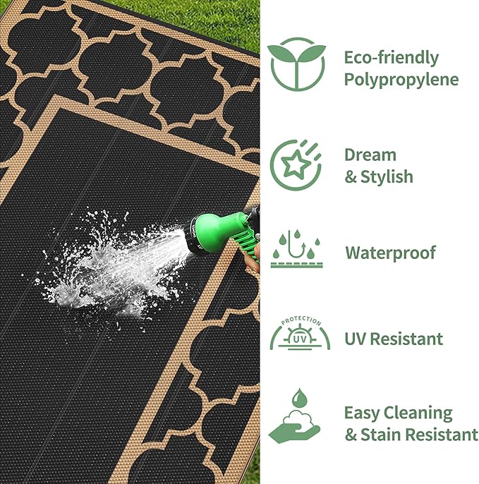 GENIMO Outdoor Rug Waterproof for Patio Decor, 6'x9' Reversible Plastic Straw Rug Carpet, Camping Mats for Outdoor, RV, Backyard, Deck, Balcony, Picnic, Black & Grey-HomvellaHome