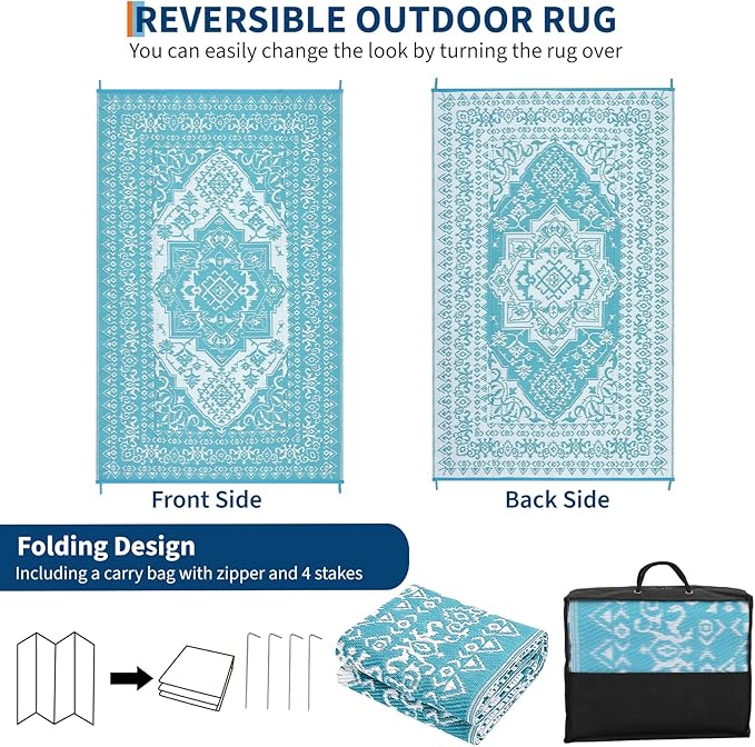 GAOMON Outdoor Rug Waterproof 9x18 Reversible Plastic Straw Rug, Large Rugs for Patio UV-Resistant Portable RV Camping Mats, Indoor Outdoor Medallion Carpet for Deck Porch Garden, Light Blue-HomvellaHome