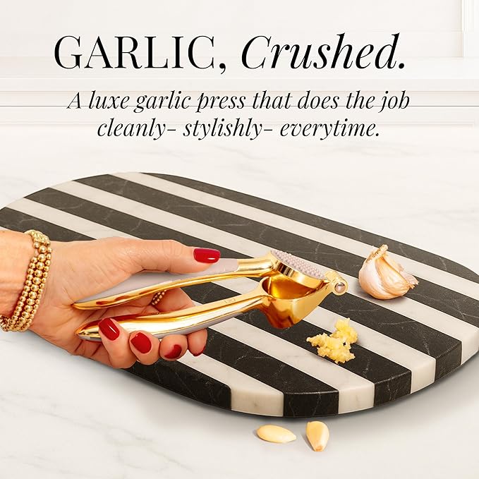 Gold and Beige Kitchen Utensils Set – 8 PC Cooking Gadgets with Mini Gold Whisk and Tongs, Pizza Cutter, Garlic Press, Cheese Grater, Peeler, Can Opener, Scoops – Stylish Beige Kitchen Accessories-HomvellaHome