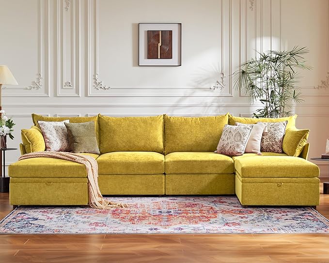 134.6" Oversized Modular Sectional Sofa, 6 Seater U Shaped Couch with Storage Ottoman with Reversible Chaise Deep Seat for Living Room, Apartment - Chenille Yellow-HomvellaHome