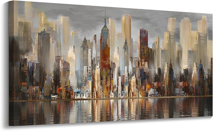 Framed Wall Art Large Cityscape New York Wall Decor Canvas Prints Abstract Brown City Theme Paintings Modern Canvas Wall Art for Living Room Bedroom Big Size 24x48 Framed-HomvellaHome