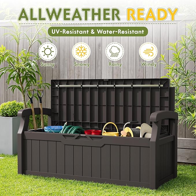 Greesum 80 Gallon Storage Bench Outdoor Deck Box with Armrest, Patio Furniture,Lockable, Waterproof and UV Resistant, Suitable for Garden, Pool, Brown-HomvellaHome