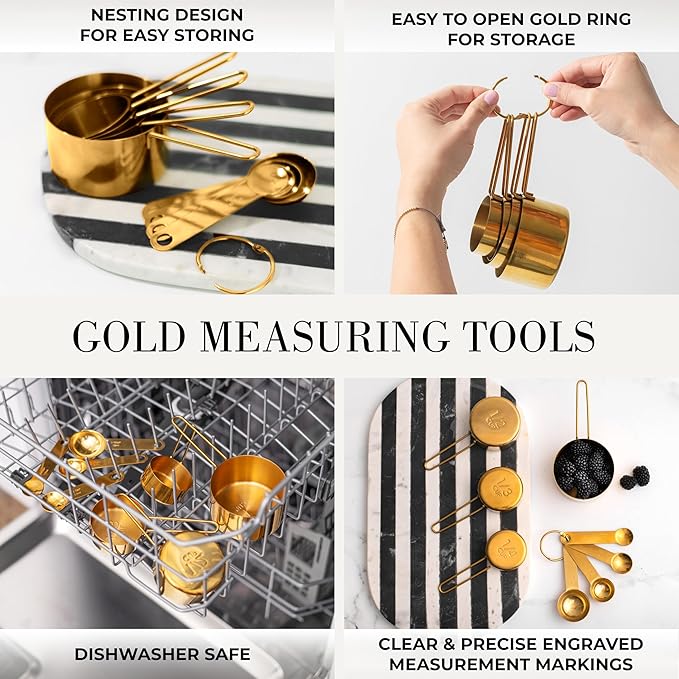 Gold Cooking Utensils with Measuring Cups and Spoons Set - 13-Piece Luxury Gold Kitchen Accessories Includes Metal Measuring Cups and Spoons for Baking, Cooking, and Elegant Kitchen Decor-HomvellaHome