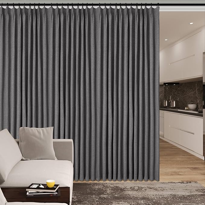 150 Inches Extra Wide Room Divider Draperies, Pinch Pleat Drapes, Absolutely Blackout Sliding Door Drapery, Total Privacy Ceiling Track Curtains, 150" W by 102" L, Natural Grey (1 Panel)-HomvellaHome