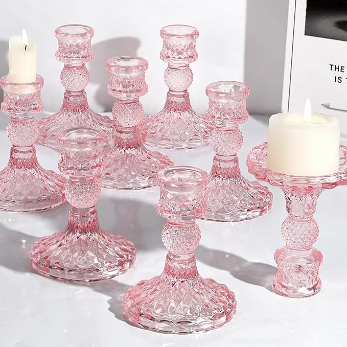 12Pcs Pink Candlestick Holders Set- 4" H Taper Candle Holders Bulk, Glass Candle Holders for Wedding, Party, Romantic Dinner Table Centerpieces, Festival Gifts & Windowsill Decor-HomvellaHome