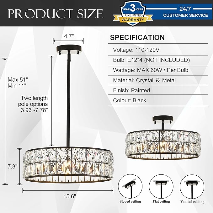 16” 4-Light Modern Crystal Chandeliers Black Dinning Room Light Fixture with Two Rods, Round Pendant Light Kitchen Island Chandelier, Flush Mount Ceiling Light for Living Room Entryway-HomvellaHome