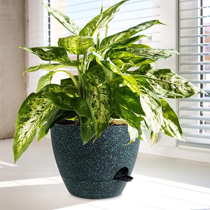 12/10/9 inch Large Self Watering Pots, Planter, Plant Pots with Mesh Drainage Holes for Indoor Outdoor Garden Plants, Plastic Flower Pots with Deep Reservoir, Black with Green Speckles-HomvellaHome