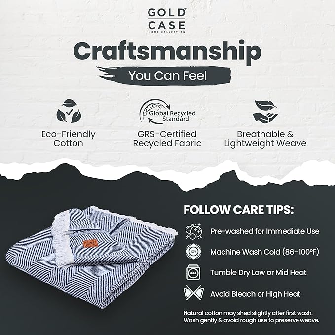 Gold Case Throw Blanket for Couch – 100% Recycled Turkish Cotton Blankets & Throws – Elegant Decorative Throw Blankets for Living Room Sofa – Woven Throws for Couch – Elegant Navy Blue – 50x60-HomvellaHome