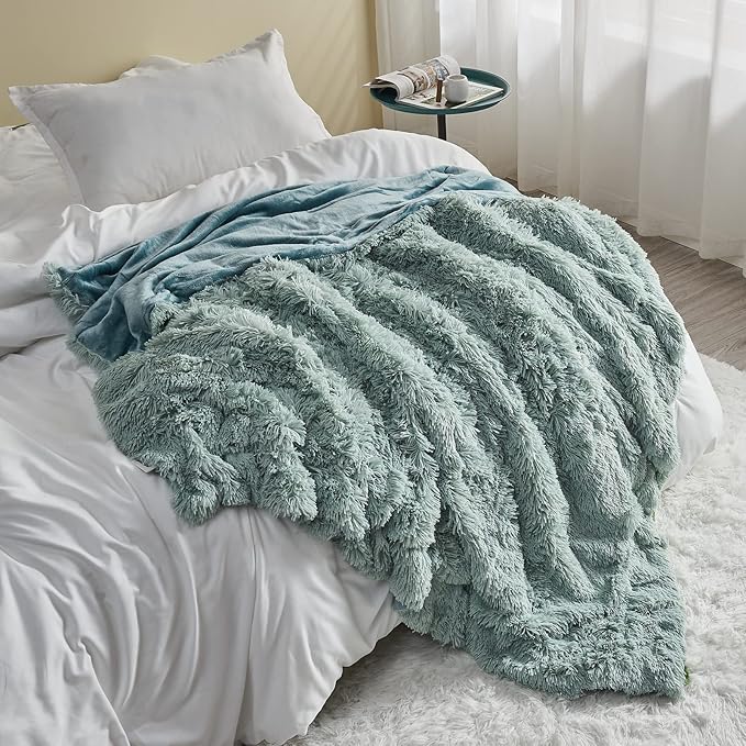 GONAAP Fuzzy Faux Fur Throw Blanket Twin Size Ice Blue Super Soft Cozy Plush Fuzzy Shaggy Blanket for Couch Sofa Bed (Ice Blue, Twin(60"x80"))-HomvellaHome