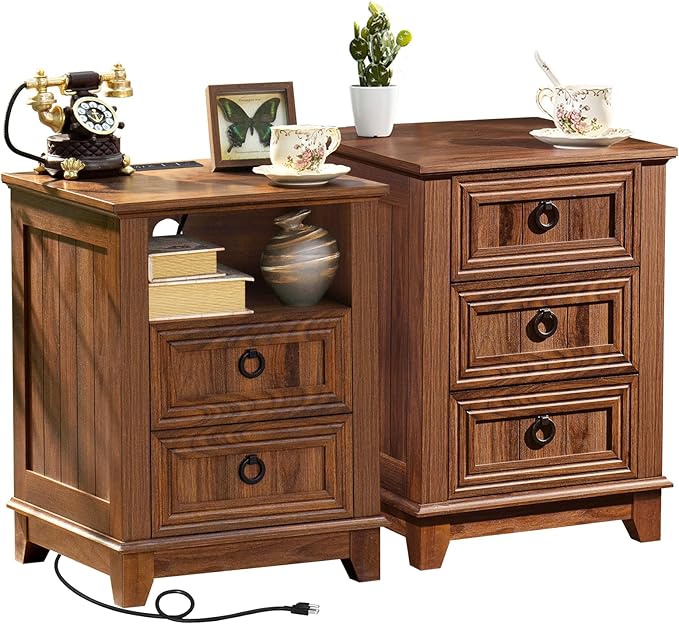 18" Farmhouse Night Stands Set of 2 with Charging Station, 2 & 3 Drawers End Table Dresser for Bedroom, Brown Wooden Nightstand, Bed Side Table with Open Shelf, Bedside Cabinet for Living Room-HomvellaHome