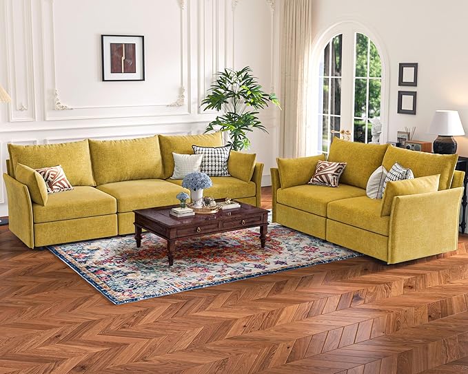 136.4" Oversized Modular Sectional Sofa, U Shaped Convertible Couch with Movable Ottoman, Large 7 Seat Corner Couches for Living Room Deep Seat Yellow Chenille-HomvellaHome