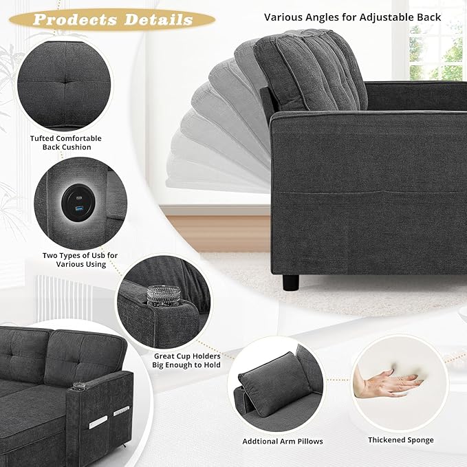 110 Inches Chenille Sectional Sofa w/Adjustable Back & Pull Out Sofa Bed, Tufted U Shaped Couch w/Two Storage Chaises, Sleeper Sectional Sofa w/USB Port & Cup Holders for Living Room, Grey-HomvellaHome