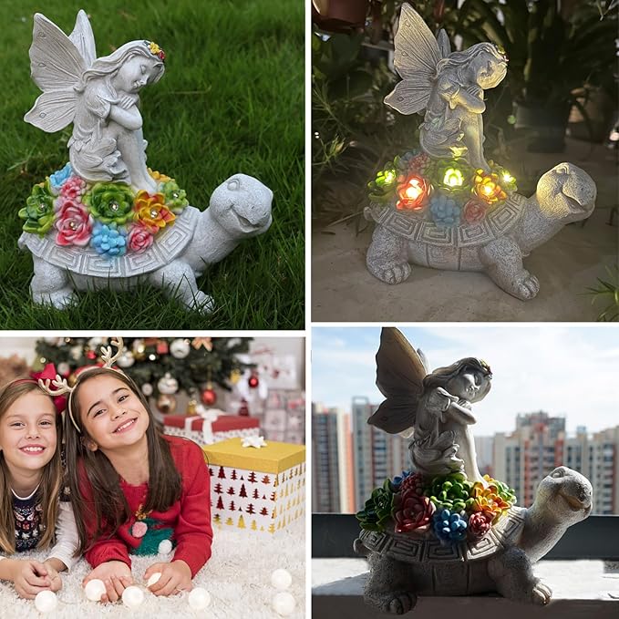 Garden Statues Outdoor Decorations Solar Turtle Angels Decor with Succulents LED Lights Garden Ornaments Figurines for Patio Yard Lawn Gifts for Women Grandma-HomvellaHome