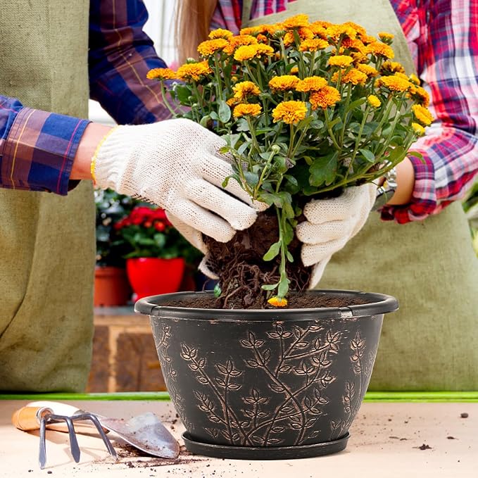 12-inch-Flower-Pots-Outdoor-Indoor, 4 Pack Plastic Planter Pots for Plant with Drainage Hole Saucer, Decorative Resin Garden Container with Tray-HomvellaHome