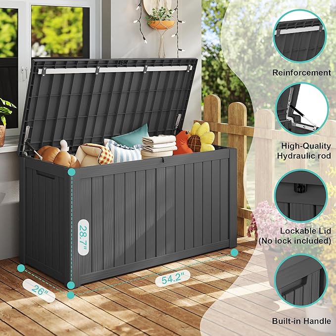 150Gal Outdoor Deck Box Waterproof, Lager Patio Storage Box Indoor and Outdoor Use, Lockable Resin Storage Bin for Patio Furniture Cushions Garden Tools, Package Delivery,UV Resistant-Black-HomvellaHome