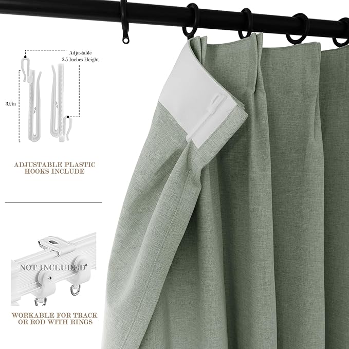 120" Wx96 L Linen Room Divider Drapes for Doorway/Glass Window/Sliding Door/Patio, Extra Wide Pinch Pleated Full Blackout Curtains for Girls Boys Teen Kids Room, 1 Panel, Fog Green-HomvellaHome