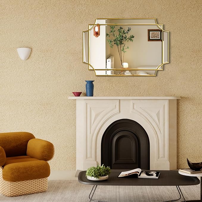 Gold Mirror for Wall, 36x24 Gold Wood Framed, Scalloped Beveled Polished Rectangle Mirror, Large Decorative Mirrors for Wall Decor, Irregular Mirror for Living Room, Bathroom Vanity, Entryway-HomvellaHome