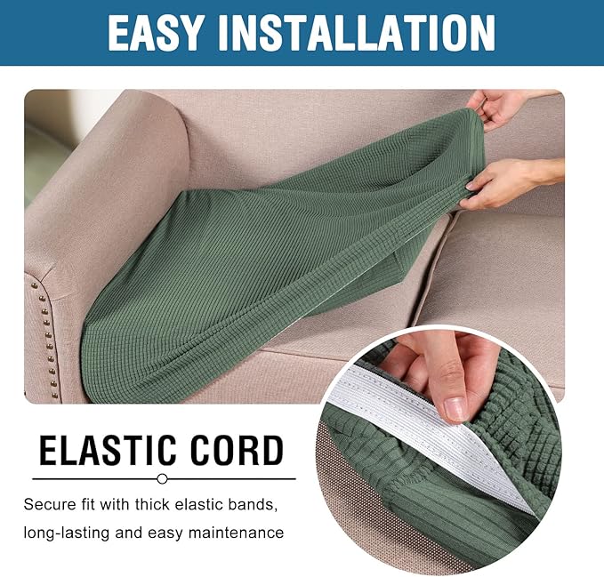 H.VERSAILTEX Super Stretch Individual Seat Cushion Covers Sofa Covers Couch Cushion Covers Slipcover Sets Thick Jacquard Textured Twill Fabric (2 Piece Large Sofa Cushion Covers, Loden Frost)-HomvellaHome