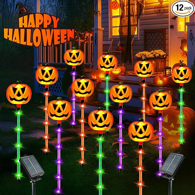 12 Pack Solar Pumpkin Lights for Halloween Decorations Outdoor, Waterproof Halloween Pathway Lights with 8 Modes, Orange Purple and Green Halloween Walkway Stake Lights for Yard Garden Party Decor-HomvellaHome