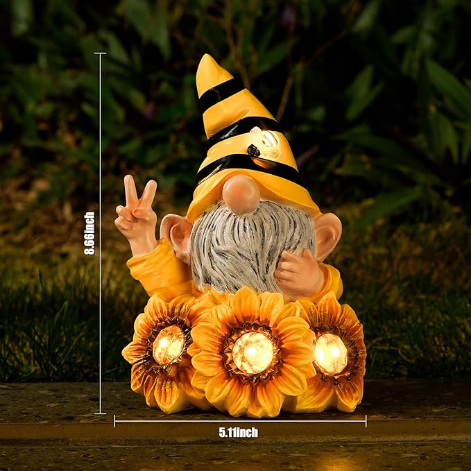 Garden Sculptures & Statues Resin Summer Bee Gnome with Sunflower, Outdoor Funny Decoration Solar Light Figurine Gifts for Yard, Patio Decor for Mom-HomvellaHome