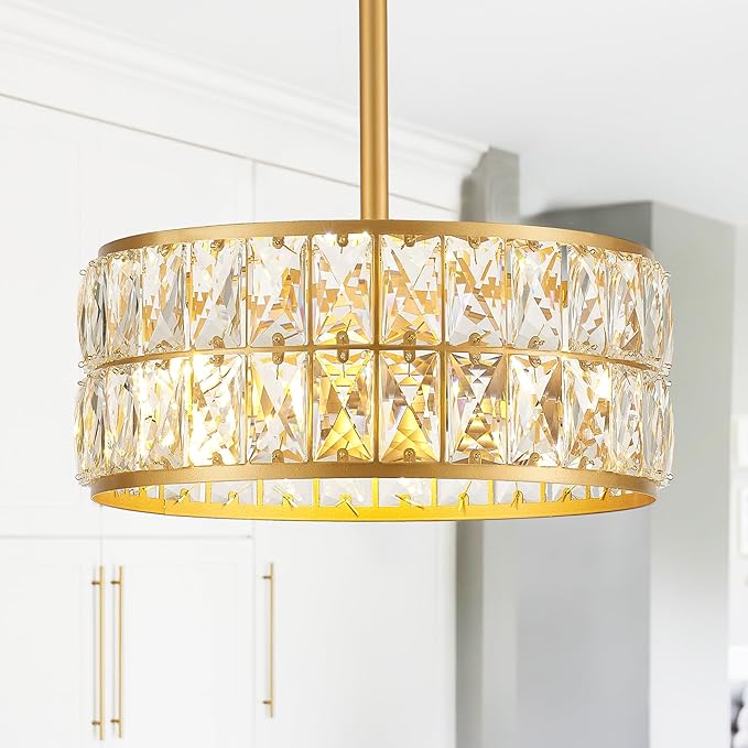 12” 3-Light Modern Crystal Chandeliers Gold Dinning Room Light Fixture, Round Pendant Light Kitchen Island Chandelier, Flush Mount Ceiling Light for Living Room Entryway Bedroom Foyer-HomvellaHome