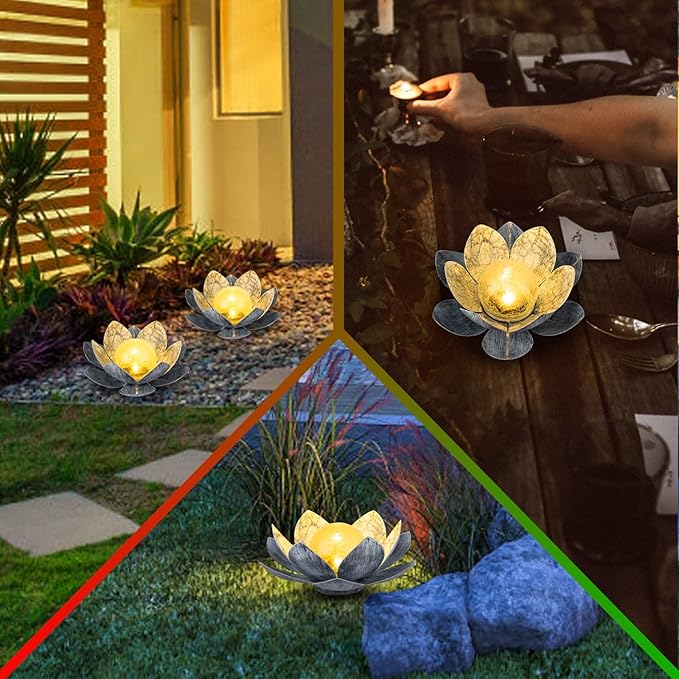 Garden Solar Light Outdoor(2Pack), Amber Crackle Globe Glass Lotus Decoration, Waterproof Gary Metal LED Flower Lights for Patio,Lawn,Walkway,Tabletop, Garden Gifts for Women-HomvellaHome