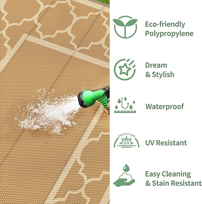 GENIMO 5' x 8' Outdoor Rug Waterproof for Patio Decor, Foldable Reversible Plastic Straw Area Rugs Mat for Camper, Outside Carpet for Rv, Deck, Porch, Picnic, Beach, Balcony, Brown & Beige-HomvellaHome