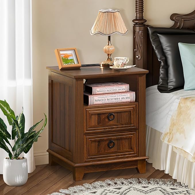 18" Farmhouse Night Stands Set of 2 with Charging Station, 2 Drawers End Table Dresser for Bedroom, Brown Wooden Nightstand, Bed Side Table with Open Shelf, Bedside Cabinet for Living Room-HomvellaHome