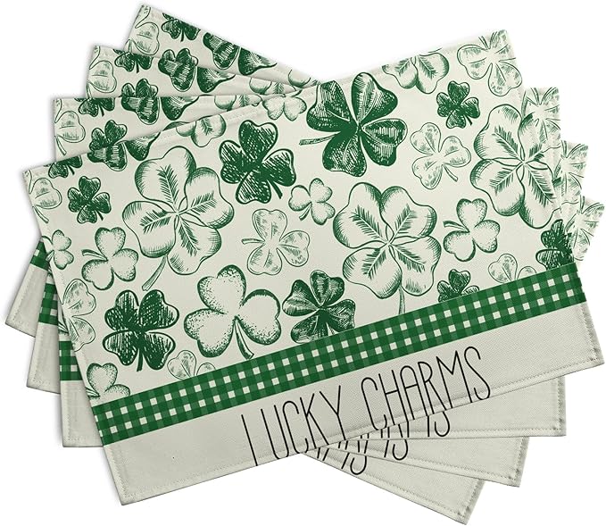 Green Shamrock St Patricks Day Placemats Set of 4 Lucky Clover Plaid Check Table Mat 12x18 Inch St. Patrick's Day Seasonal Holiday Place Mats Spring Linen Placemat for Party Kitchen Dining Decor-HomvellaHome