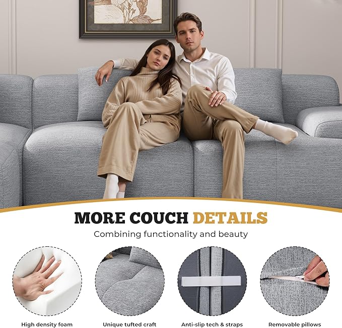 122" Modern L Shaped Modular Sectional Sofa, Boneless Couches for Living Room with Ottoman,4 Seater Convertible Chenille Cloud Couch Sofa Set, No Assembly Required, Light Grey 1 PCS-HomvellaHome