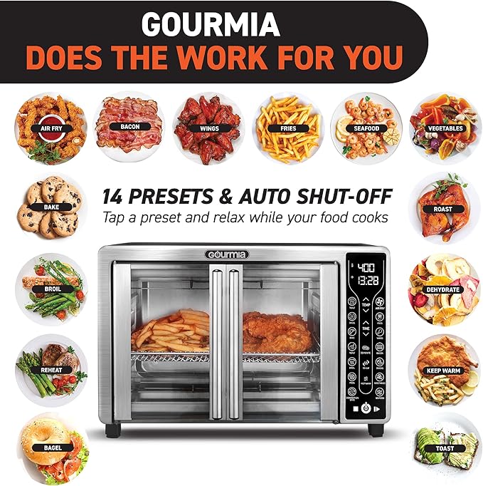 Gourmia Toaster Oven Air Fryer Combo 17 cooking presets 1700W french door digital air fryer oven 24L capacity accessories, convection rack, baking pan tray recipe book GTF7655,Large,Stainless Steel-HomvellaHome
