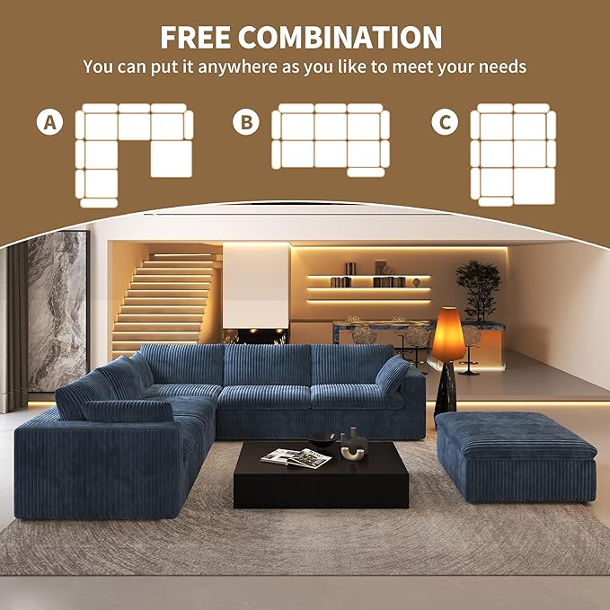 118" 6-Seater Cloud Sofa,Modular Sectional Couch with Ottoman,Modern Deep Seat Upholstered Couches with Plush Corduroy Fabric for Living Room Furniture,Bedroom and Apartment,No Assembly Required,Blue-HomvellaHome
