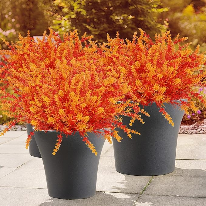 Geegoods 16 Bundles Artificial Fall Flowers Outdoor – Faux Lavender Flowers with Monkey Grass UV Resistant Plastic Faux Plants for Halloween Front Door Porch Patio Yard Balcony Decor, Orange Color-HomvellaHome