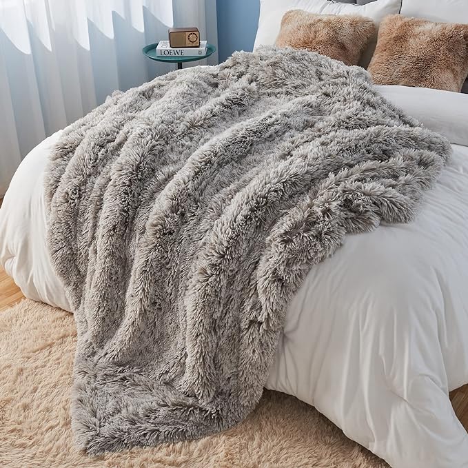 GONAAP Fuzzy Faux Fur Throw Blanket Twin Size Frosty Grey Super Soft Cozy Plush Fuzzy Shaggy Blanket for Couch Sofa Bed (Frosty Grey, Twin(60"x80"))-HomvellaHome