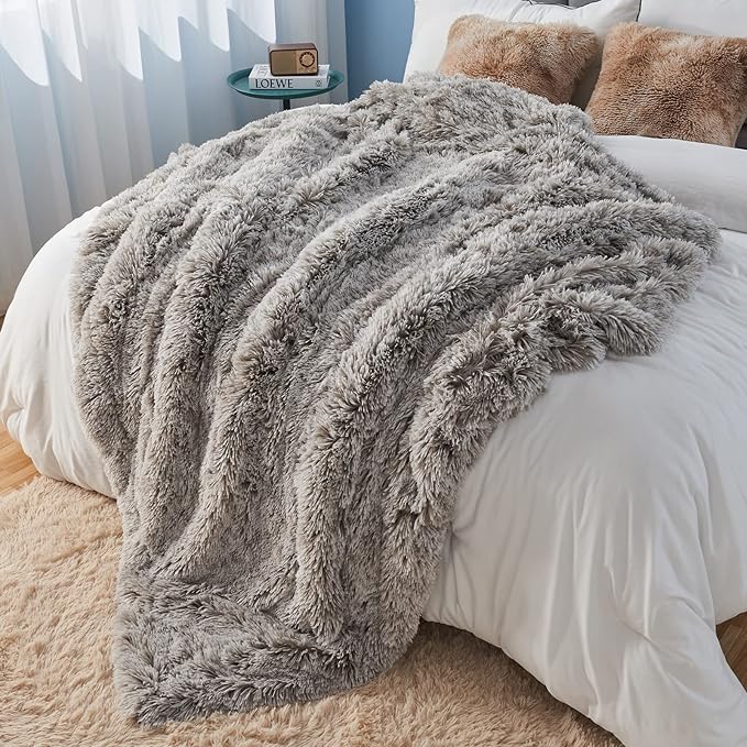 GONAAP Fuzzy Faux Fur Throw Blanket Queen Size Frosty Grey Super Soft Cozy Plush Fuzzy Shaggy Blanket for Couch Sofa Bed (Frosty Grey, Queen(90"x90"))-HomvellaHome