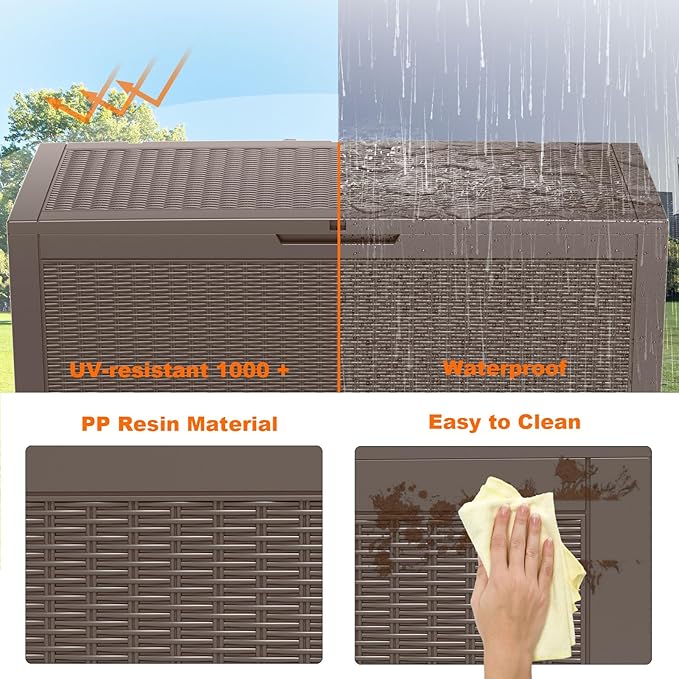 100 Gallon Resin Deck Box, Lockable Patio Outdoor Storage Box for Furniture, Garden Tools and Tools Storage, Waterproof Outside Storage Boxes - Grey-HomvellaHome