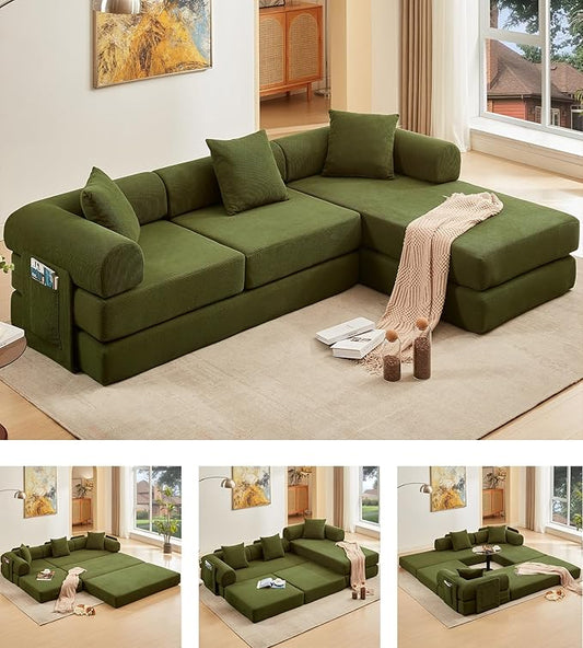 107" Oversized Convertible Sleeper Sofa Bed, Corduroy L Shape Sectional Couch, Folding Sofa Bed with Side Pocket, Modern Cloud Floor Mattress Couch, Modular Sofa for Living Room, Green-HomvellaHome