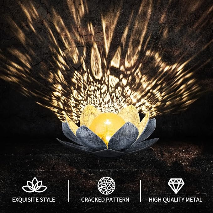 Garden Solar Light Outdoor(2Pack), Amber Crackle Globe Glass Lotus Decoration, Waterproof Gary Metal LED Flower Lights for Patio,Lawn,Walkway,Tabletop, Garden Gifts for Women-HomvellaHome
